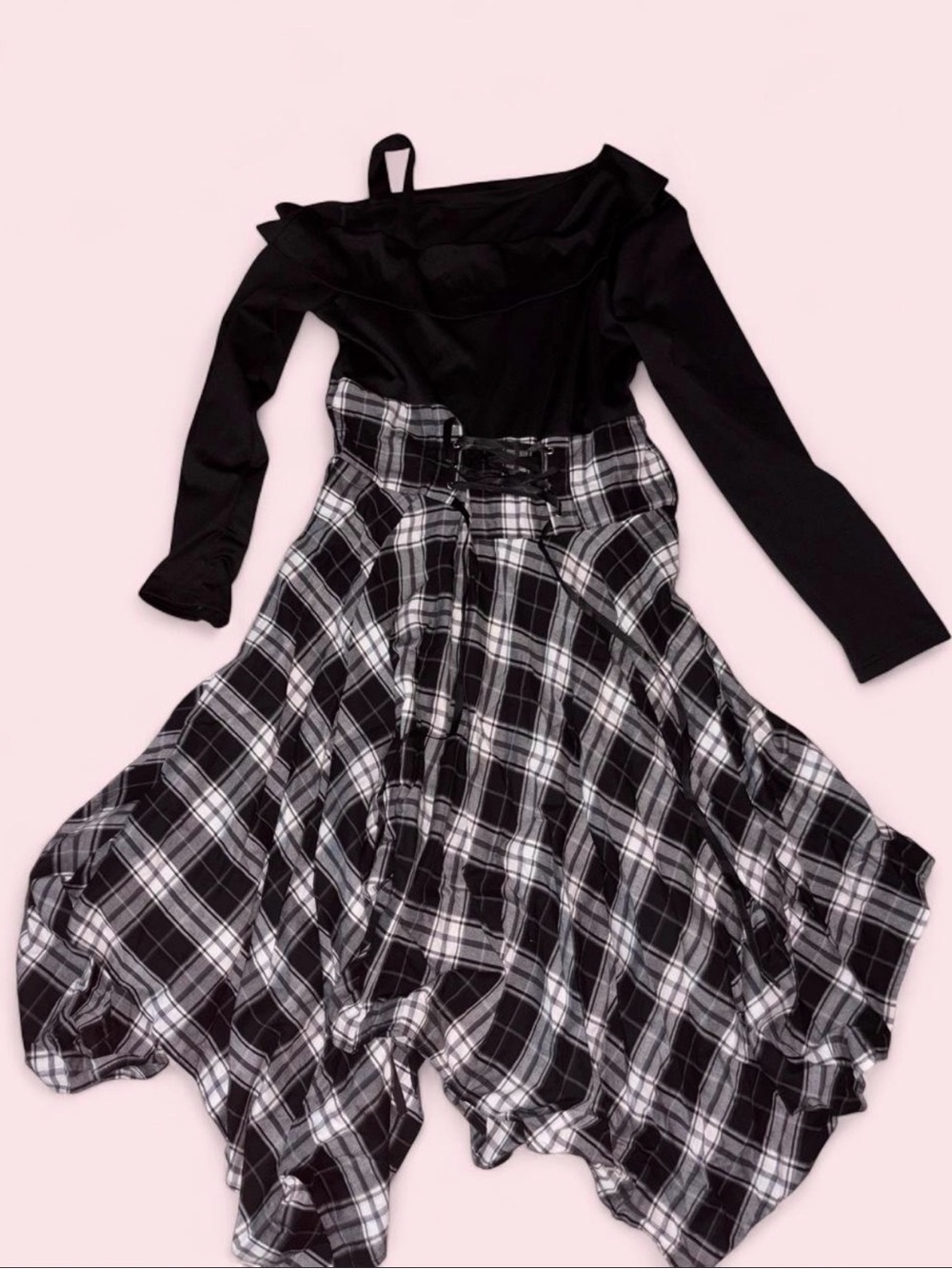Black Long-Sleeve Top with Black & White Plaid Skirt Dress